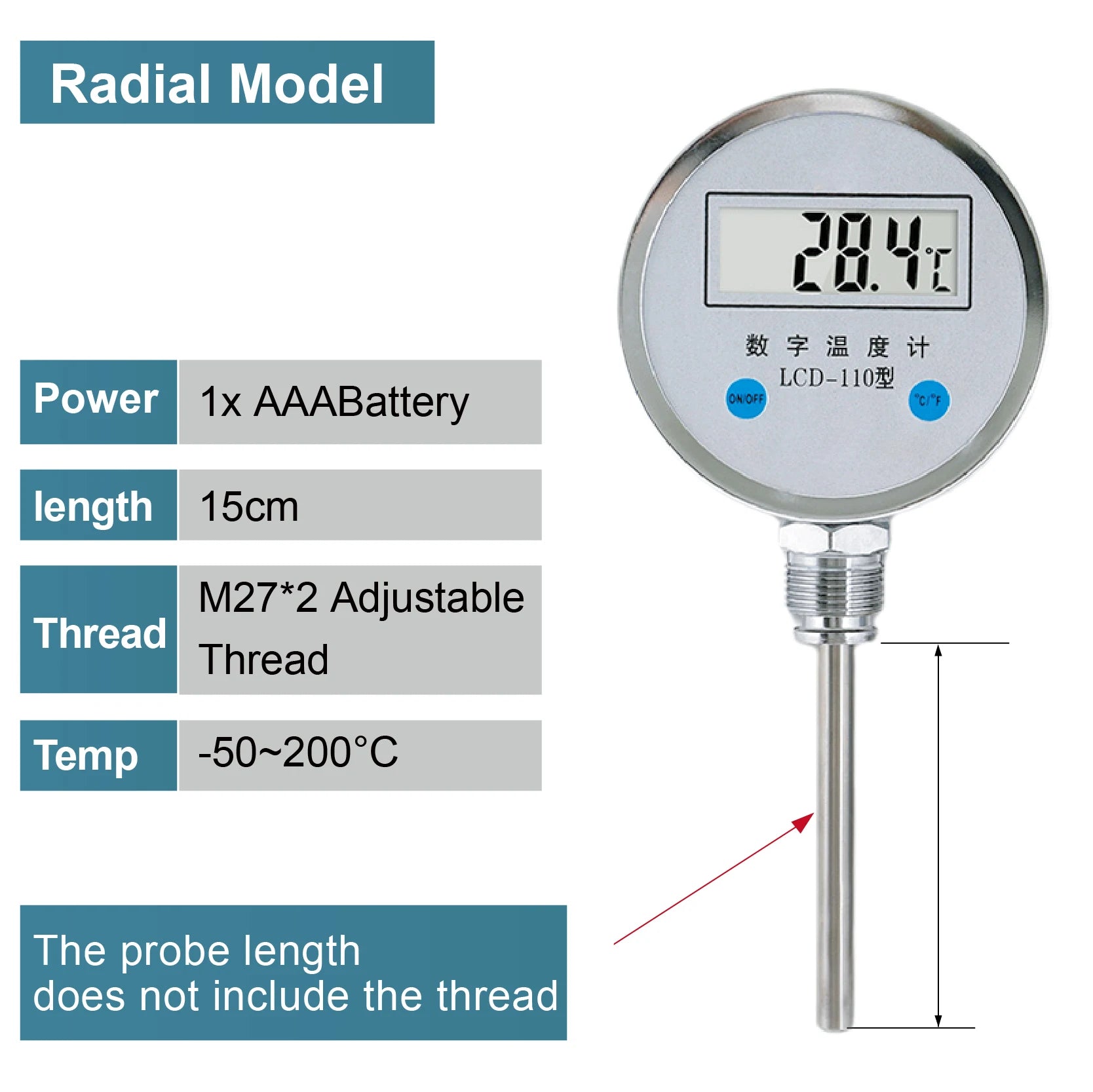 Digital Bimetal Thermometer LCD‑110 Stainless Steel Probe High Precision Water Temp Gauge Axial/Radial Mount IP65