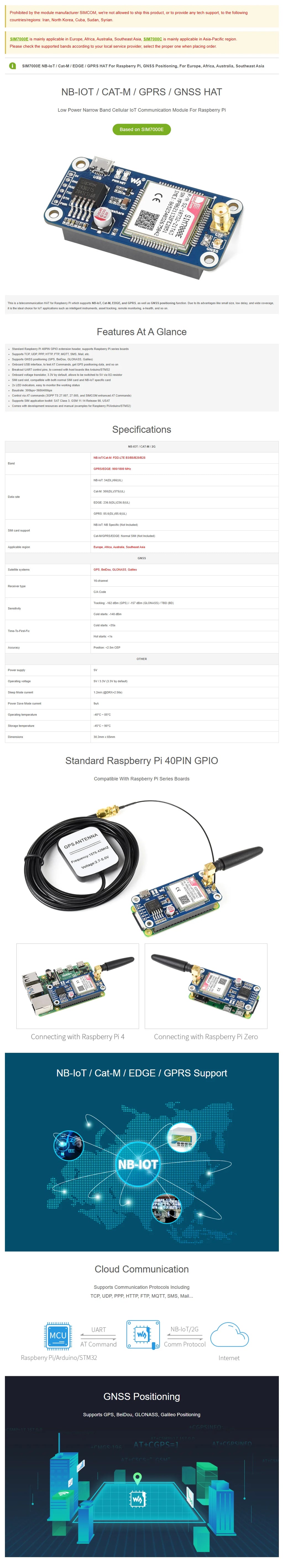 Waveshare SIM7000E NB-IoT / Cat-M / EDGE / GPRS HAT for Raspberry Pi, GNSS, for Europe, Africa, Australia, Southeast Asia