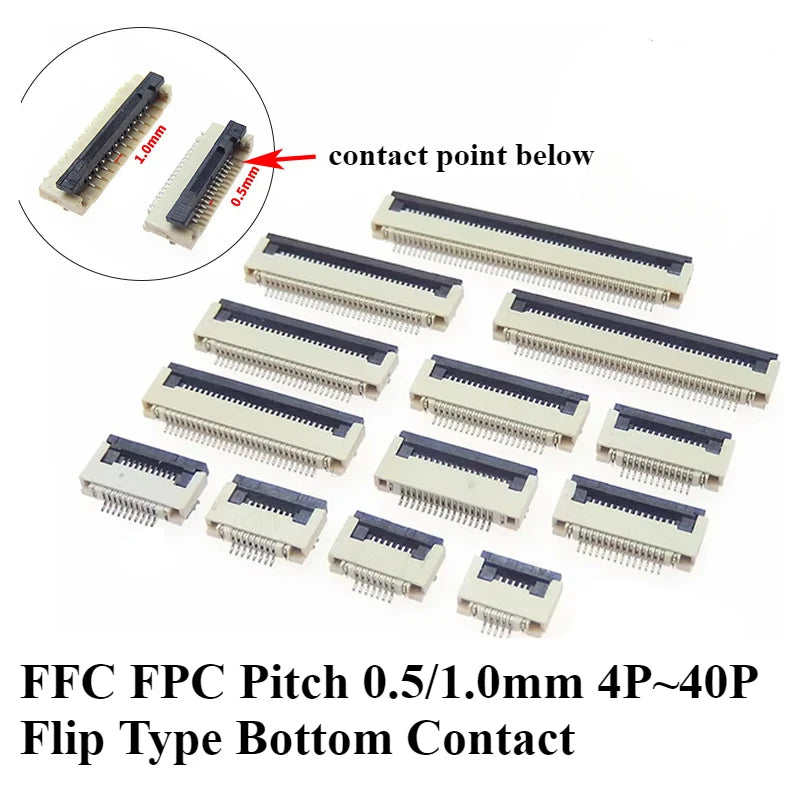 50Pcs/lot FFC FPC Connector 0.5mm 1.0mm 4P/6P/8P/10P/12/14/16/20/24/30/32/40P Pin Flip Type Ribbon Flat Connector Bottom Contact
