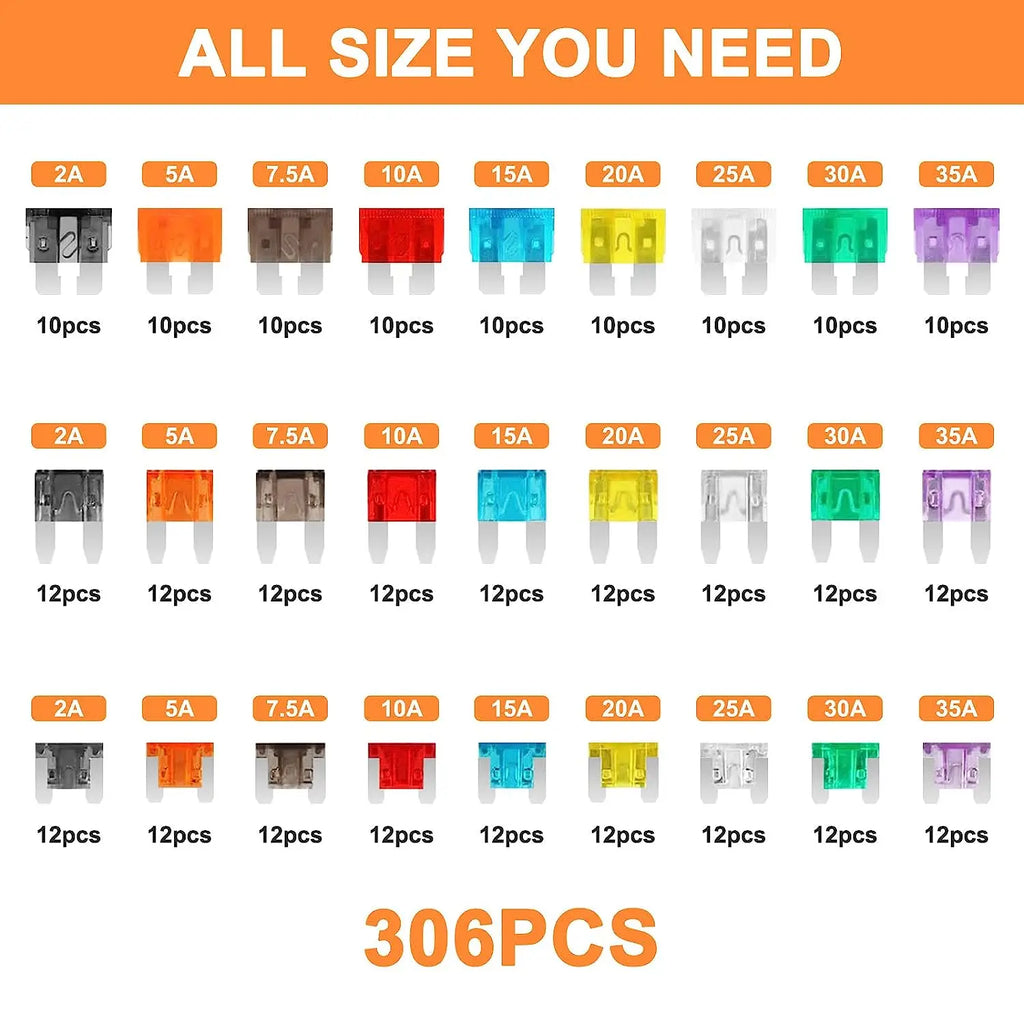 306pcs Fuse Assortment Kit Car Boat Truck SUV Car Assorted Replacement Blade Fuses with 2 Car Fuse Testers and 2 Fuse Pullers