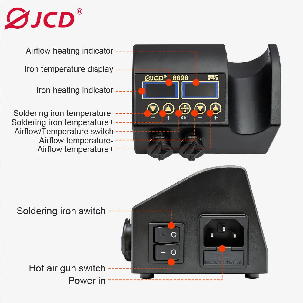 JCD 2 in 1 750W Soldering Station LCD Digital Display Rework Welding Station for Cell-phone BGA SMD IC Repair Solder Tools 8898