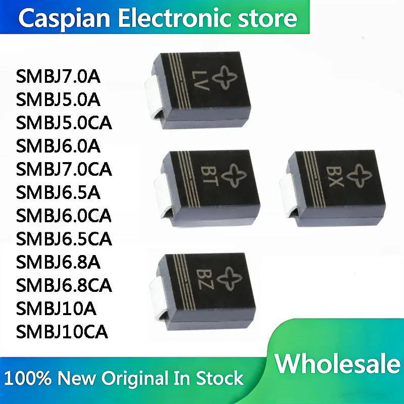 100Pcs SMD TVS Diode SMBJ5.0A SMBJ5.0CA SMBJ6.0A SMBJ6.0CA SMBJ6.5A SMBJ6.8A SMBJ6.8CA SMBJ7.0A SMBJ7.5A SMBJ10A 600W 5V-440V