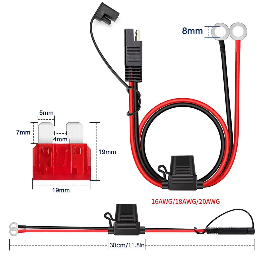 Motorcycle Quick Release SAE Cable With Fuse Terminal O Connector Battery Charger Extension Adapter Wire 16AWG Terminal
