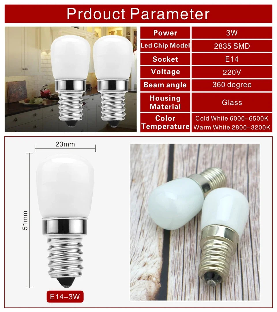 2pcs/lot 3W E14 LED Fridge Light Bulb Refrigerator Corn bulb AC 220V LED Lamp White/Warm white SMD2835 Replace Halogen Light