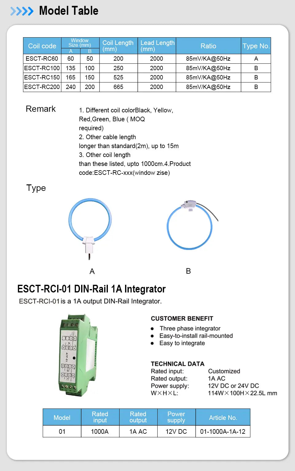 ESCT-RCI-01 + 3pcsESCT-RC60/100/150/200 Integrator+Rogowski Coil