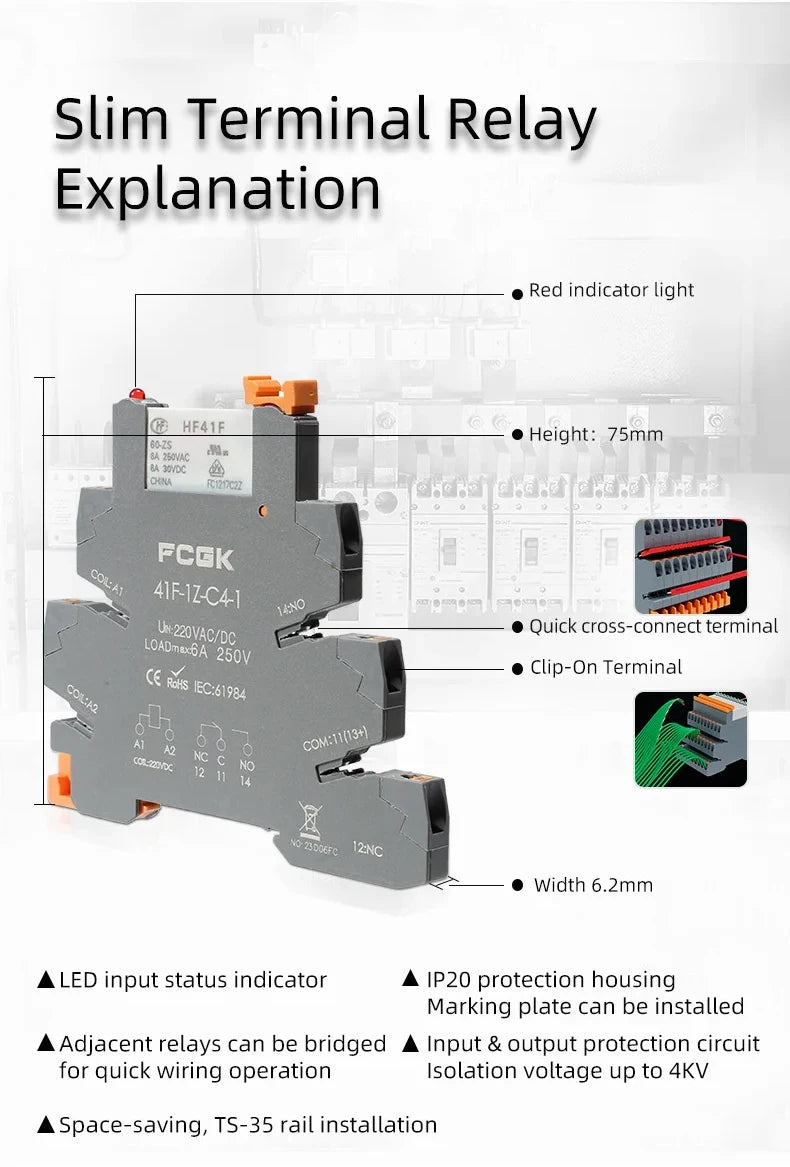 Din Rail Slim Relay Module 41F-1Z-C4-1 Integrated PCB Mount Power Relay With Relay Holder 12V 24V ACDC 220V Relay Socket 6.2mm