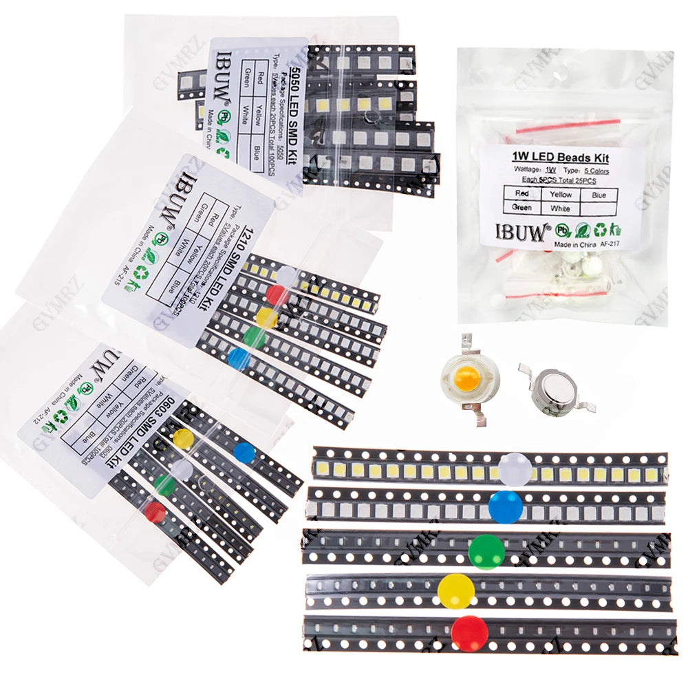 100pcs Green Blue White 5colors Each 20pcs 5730 5050 3528 1210 1206 0805 0603 0402 SMD LED Diode Kit Red  Yellow