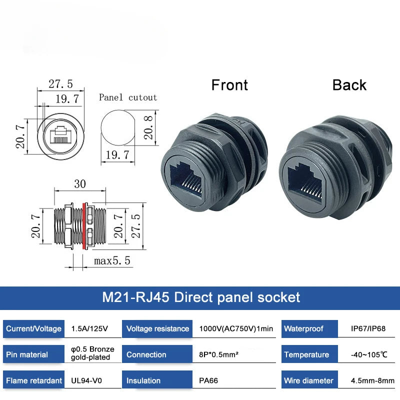Waterproof M21 RJ45 Ethernet Connector 8P8C Network Socket Through Wall Panel Mount IP67 Straight Through Male Female Plug Cat5
