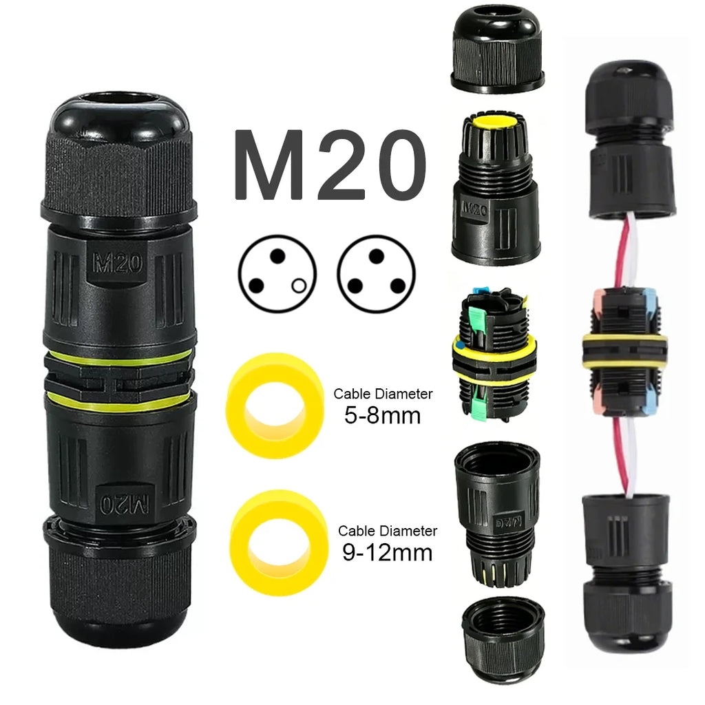 IP68 M20 Waterproof Connector Electric Junction Box 2/3Pin Screw Connection Solderless for 5-12mm Cable,Adapter Terminal Outdoor