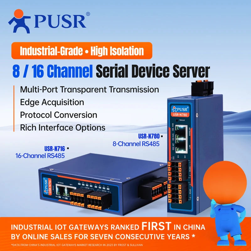 PUSR 8/16 Isolated RS485 to Ethernet Converter CANFD Dual RJ45 RK3506J Linux Industrial Edge Gateway MQTT OPC UA USR-N780