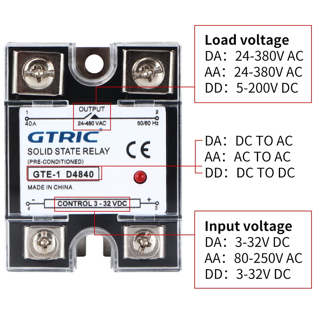 GTRIC SSR Solid State Relay Module 10A 25A 40A 50A 60A 80A 100A DC To AC AC To AC DC To DC 24-380V AC Single Phase Control Relay