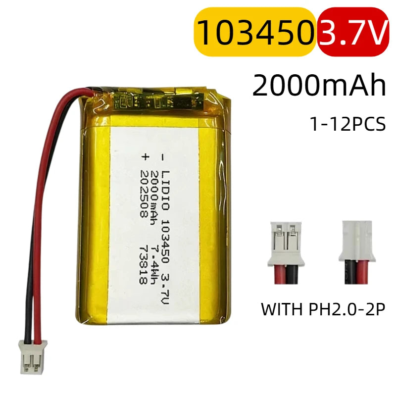 103450 3.7V Li-Po Rechargeable Battery 2000mAh With JST PH 2.0mm Connector for GPS, Cameras & MP3 Gadgets