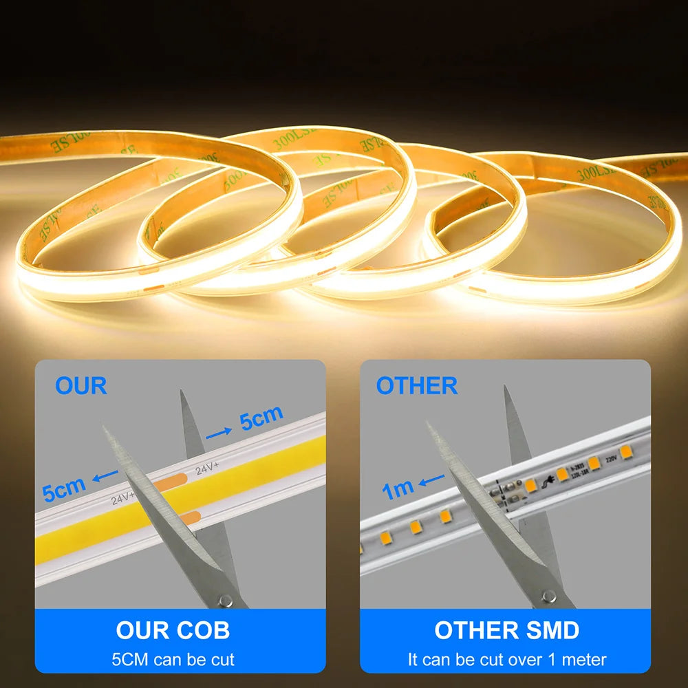 12V 24V Waterproof COB LED Strip Light 3000K 4000K 6000K IP67 Flexible Led Tape 480LEDs/m 5m 10m 20m 0.5m 1m 2m Linear Lighting