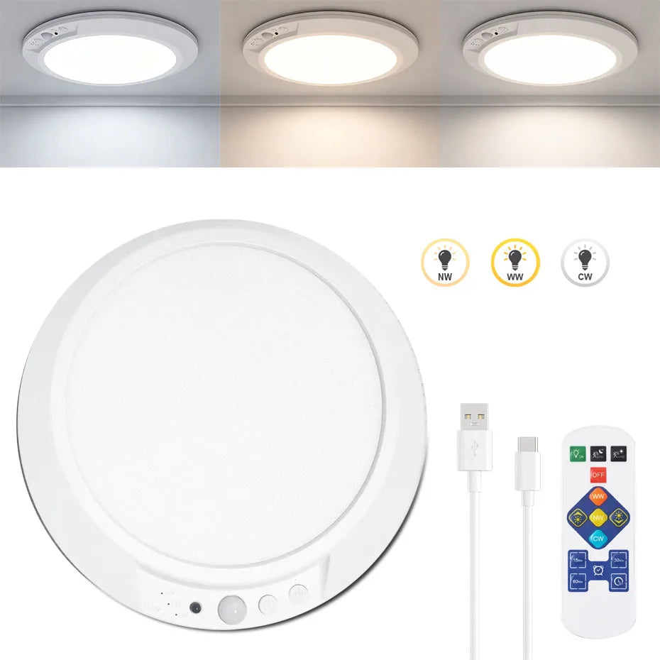 Smart PIR Motion Sensor Ceiling Lamp USB Rechargeable Magnetic Dimmable 3000K-6000K Wireless Remote Wall Light for Corridor