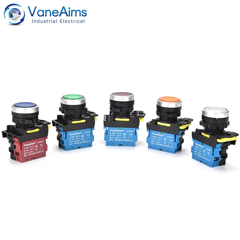 22mm LA36M Momentary Push Button Switch with LED Light 12v 24v 220v Latching Illuminated Push Button Switches On Off VaneAims