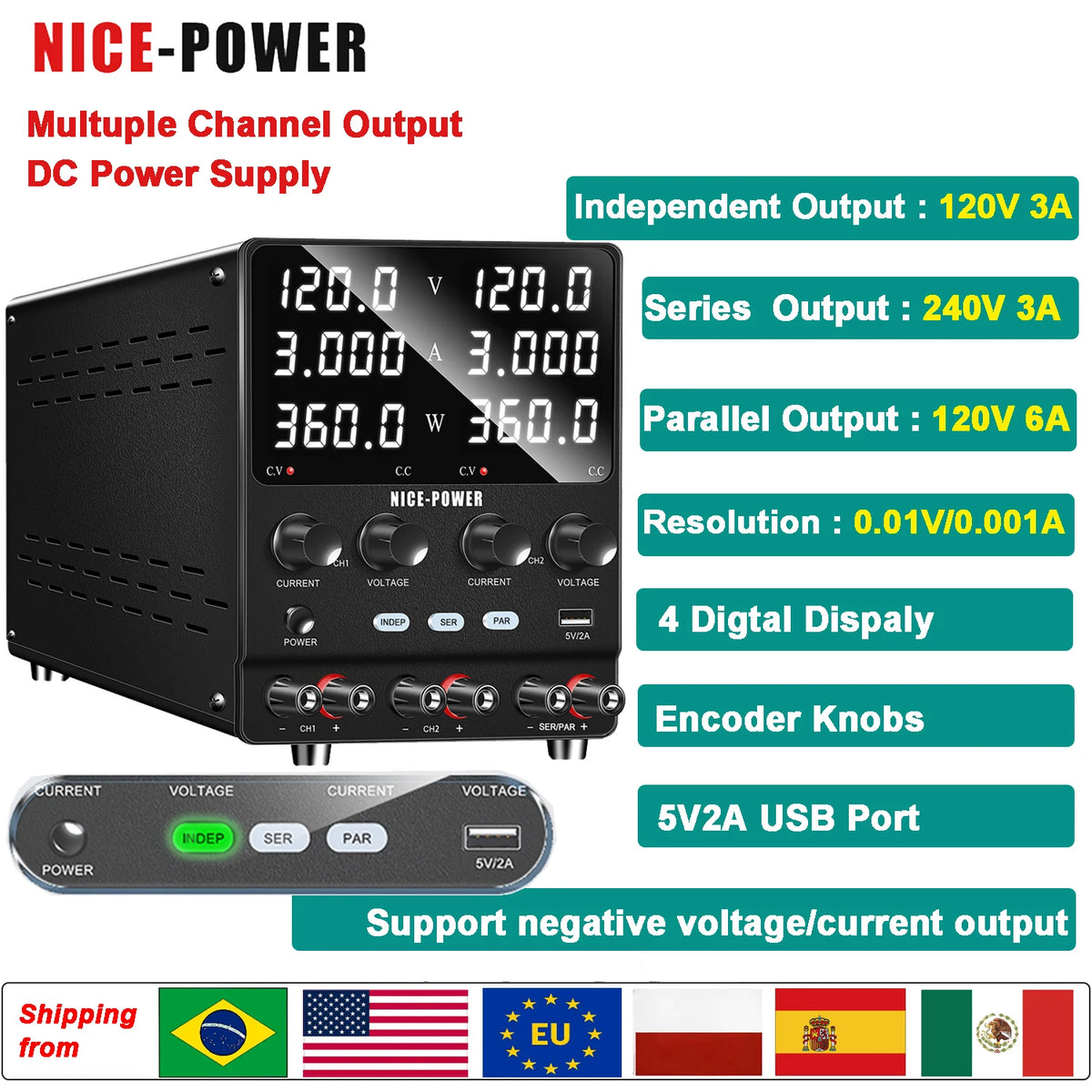 NICE-POWER 120V 3A Lab DC Power Supply 0-240V 0-6A Dual Channel Bench Power Source 12V 24V 10A 20A Power Supply Series Parallel