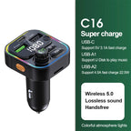 FM Transmitter Bluetooth 5.0 Car Handsfree Audio Mp3 Player Adapter USB 22.5W Quick Charging Type-C Fast Charger FM Modulator