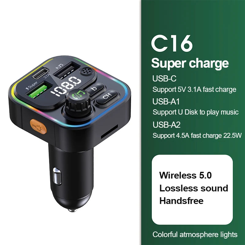 FM Transmitter Bluetooth 5.0 Car Handsfree Audio Mp3 Player Adapter USB 22.5W Quick Charging Type-C Fast Charger FM Modulator