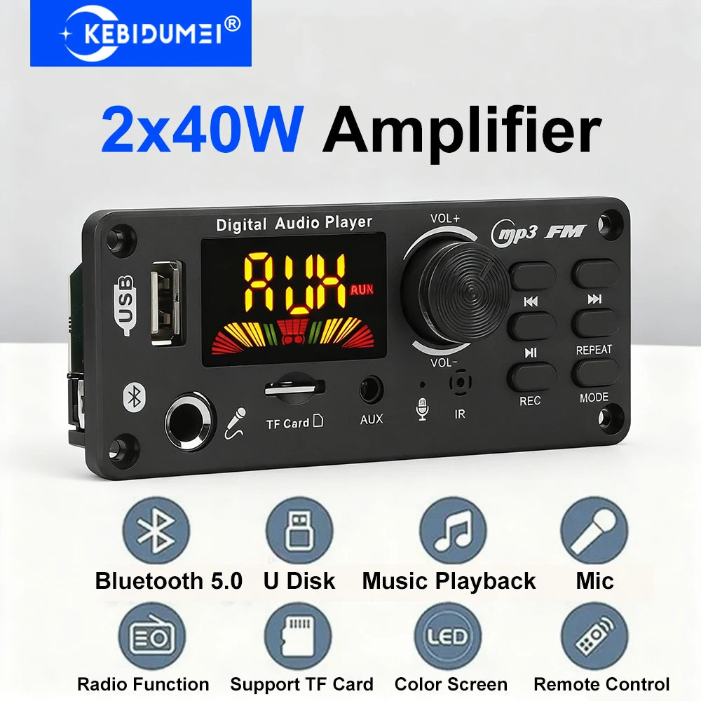 80W Bluetooth MP3 Decoder Board 2*40W Amplifier Audio Player 8V-24V DIY MP3 Player Car FM Radio Module TF/USB/Mic/Record Call