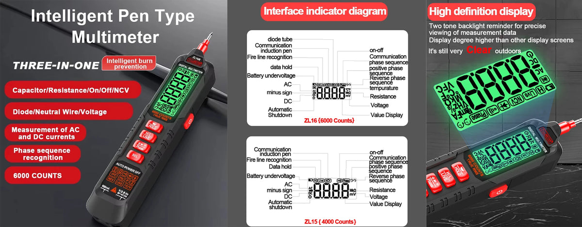Smart Digital Multimeter 6000 Counts Non Contact High Precision Voltage Detector Pen Auto Range Capacitance OHm NCV Tester