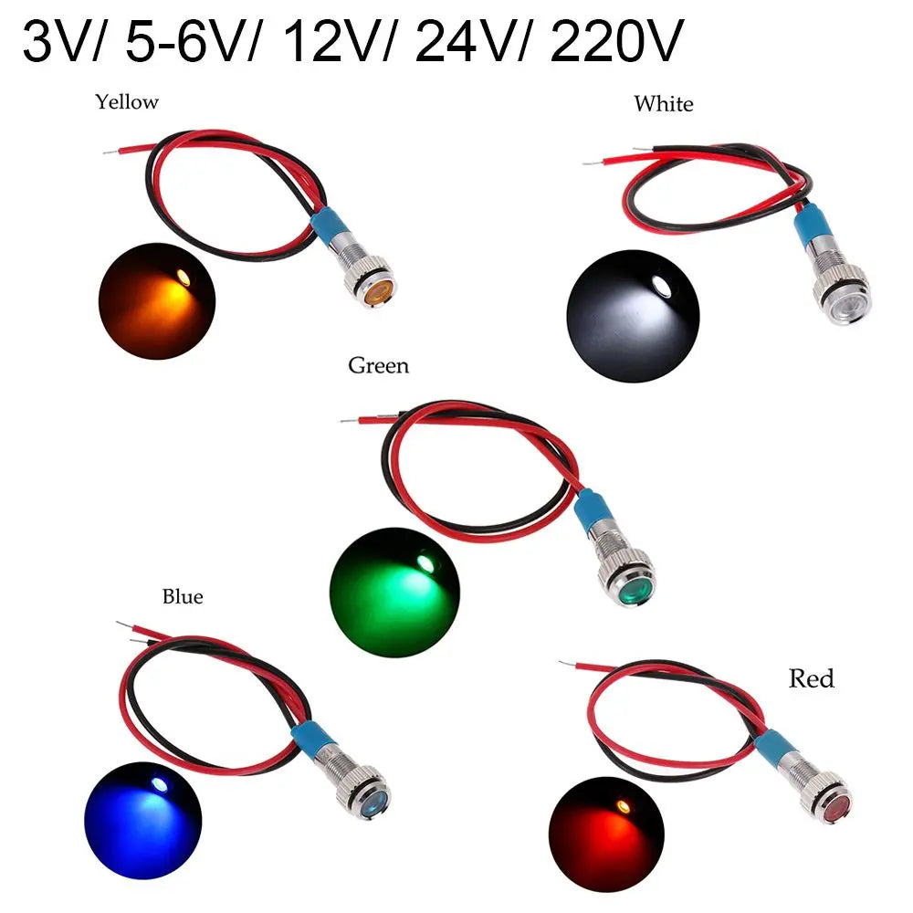 1Pc Dashboard With Wire Red Yellow Blue Green White 6mm 3V 5V 6V 9V 12V 24V 220V LED Metal Indicator Light Signal Lamp