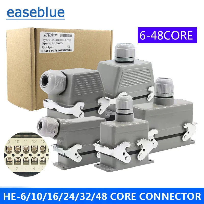 Rectangular Heavy Duty Connectors HDC HE 4 6 8 10 16 20 24 32 48 Core Pin 16A Waterproof Aviation Plug Top Side Line Connector