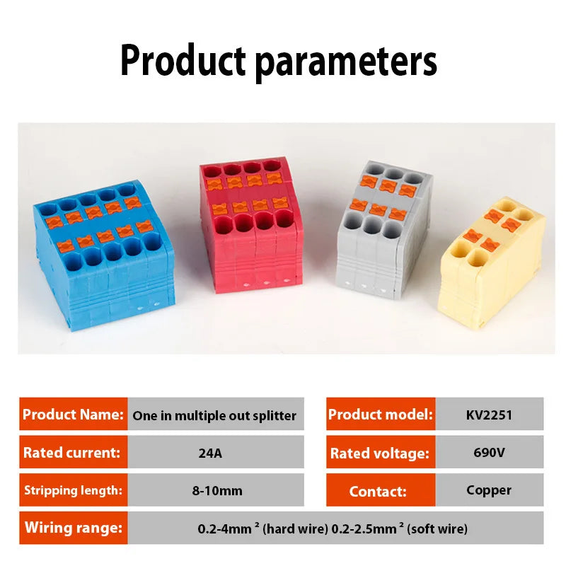 Wire Connectors Push-in Electrical Cable Terminal Block Multiple In Multiple Out Spliceable Mount On Din Rail With Fixing Hole