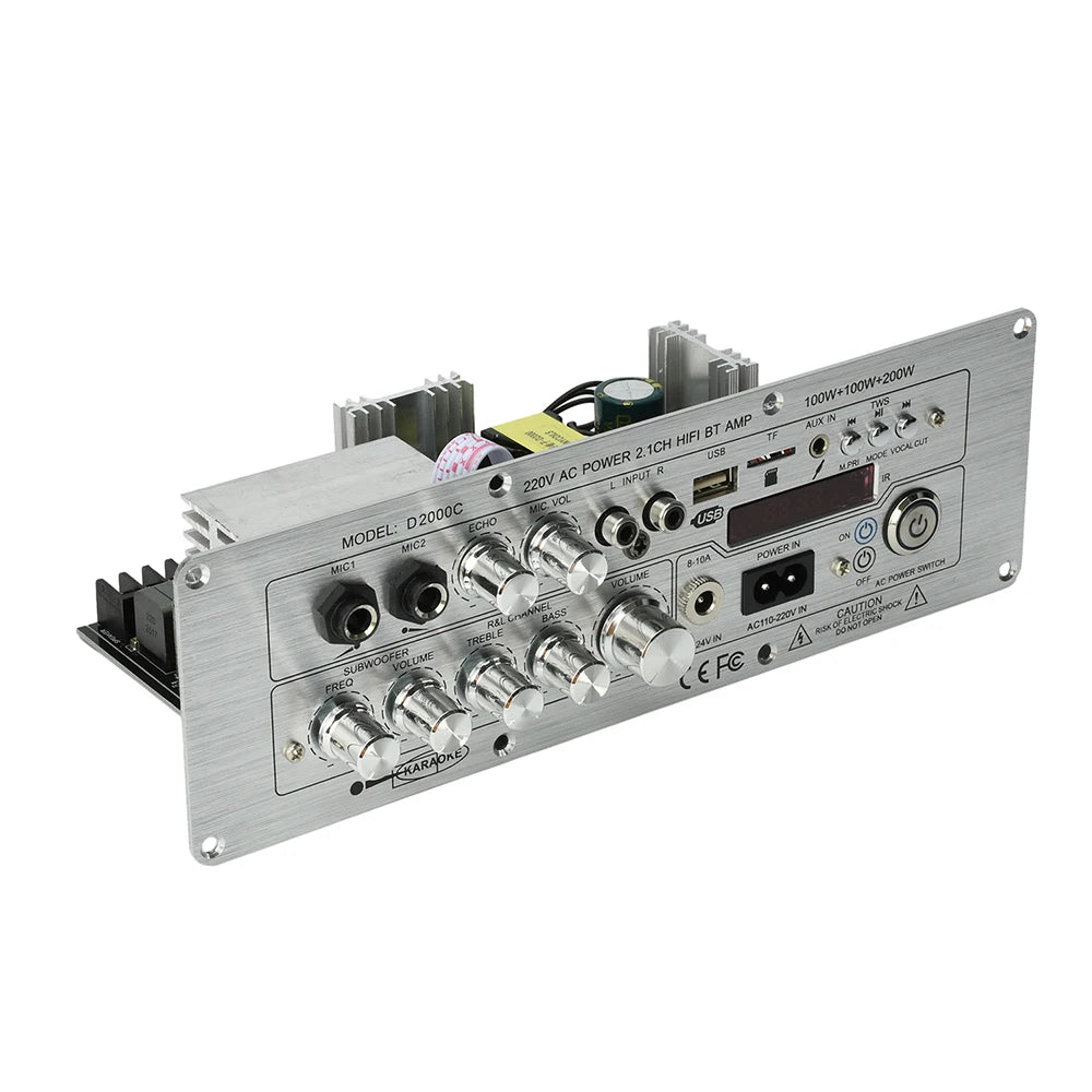 D2000 Bluetooth Amplifier Board 2.1-Channel TPA3221 Power Amplifier 100W+100W+200W with AUX FM USB TF Card TWS DC 24V/AC110-220V