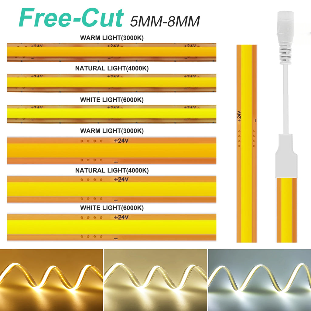 5mm 8mm PCB COB LED Light Strip Free Cut 12V 24V With 2PIN Wire DC Plug 400LEDs/m 3000k 4000k 6000k Flex Lamp 0.5m 1m 5m 10m 20m