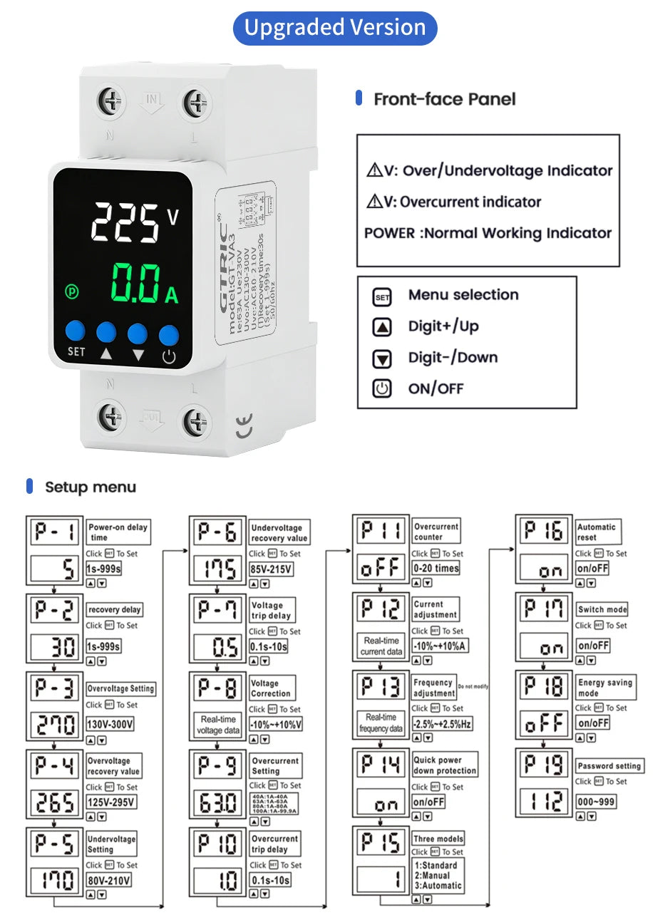 GTRIC Voltage Protection Relay Din Rail Over Under Voltage Protector 230VAC 40A 63A Adjustable Voltage Current Protection Device