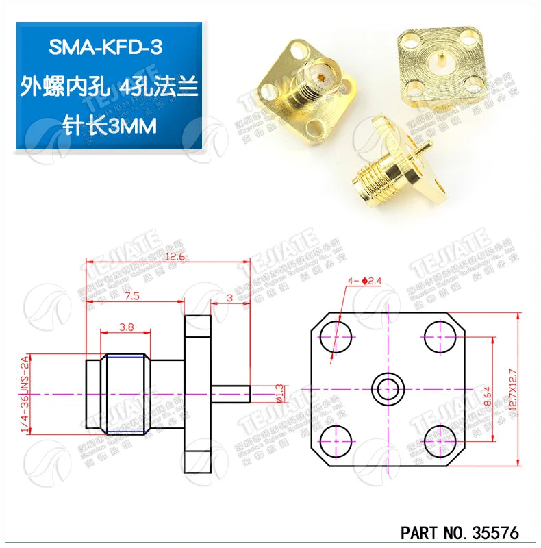 1PCS SMA Mother Seat Connector SMA Three Pairs of Internal and External Threads Hole Flange Socket Connector Insulation Expan