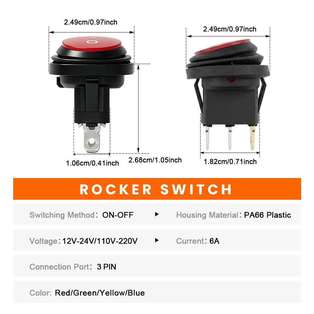 FILN 8PCS 12V 24V 110V 220V Waterproof Rocker Switch 3 Pin LED Lighted ON-OFF Round SPST Toggle Switch for Car Boat Marine PA66