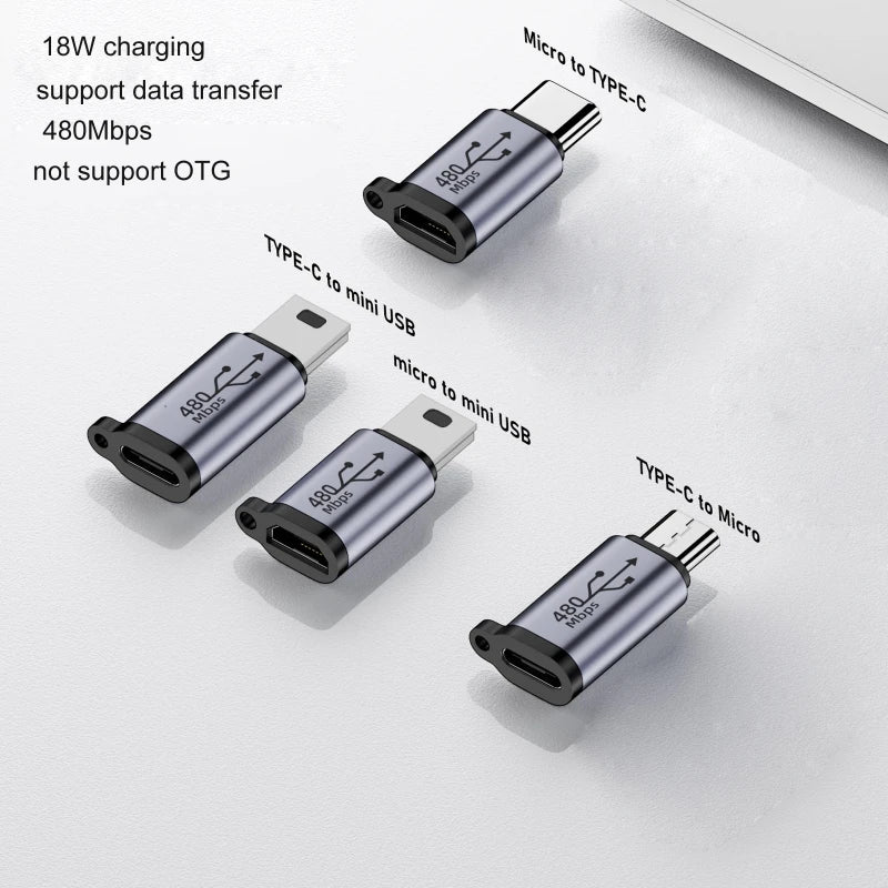 Usb Type C to Mini USB MicroUSB Adapter Micro USB to TypeC Mini USB Converter Connector Support Charge Data Sync 480Mbps 18W