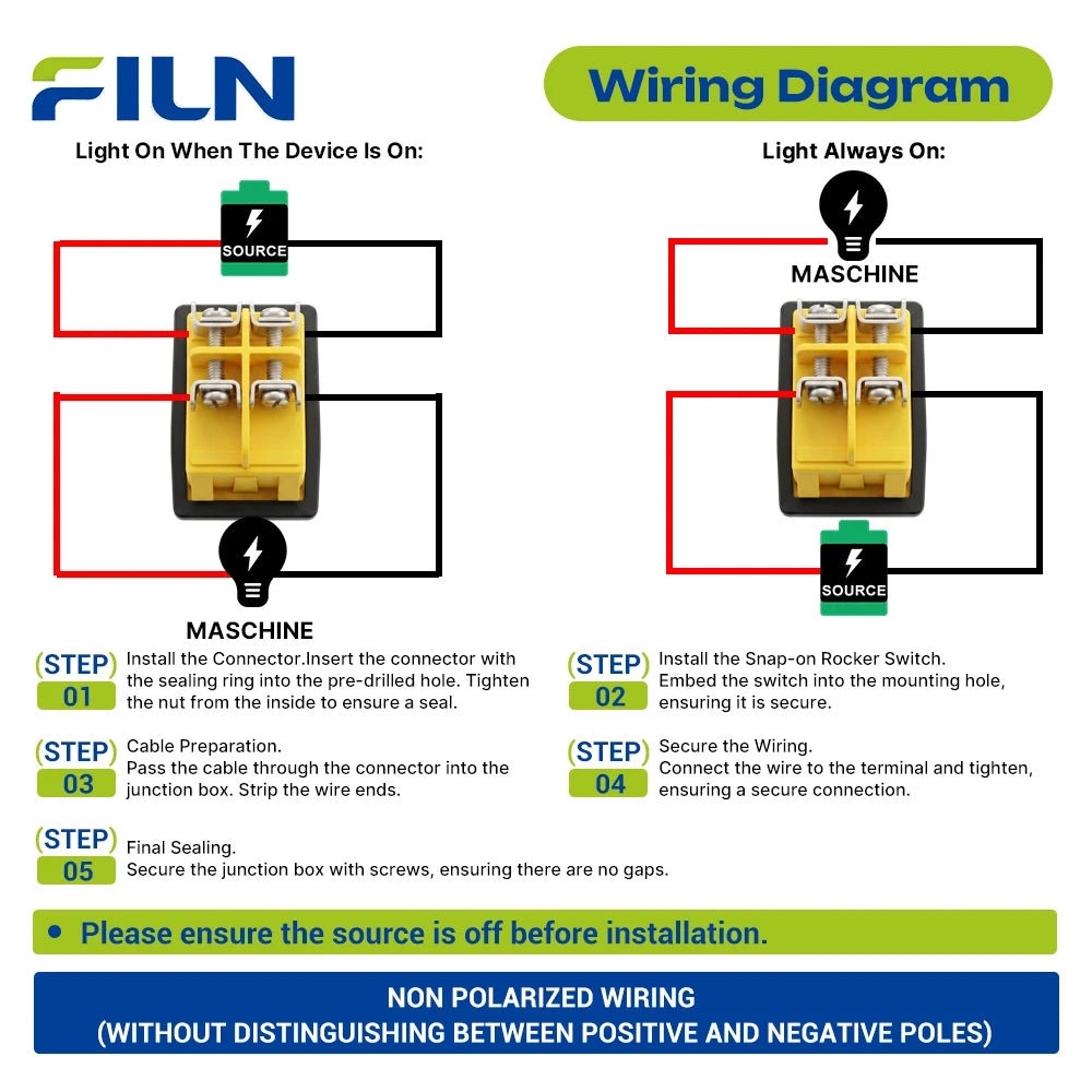 FILN Waterproof Rocker Switch Box 16A 12V 24V 110V 220V KCD4 ON-OFF Inline Toggle Switch with LED Indicator Light PA66 Enclosure