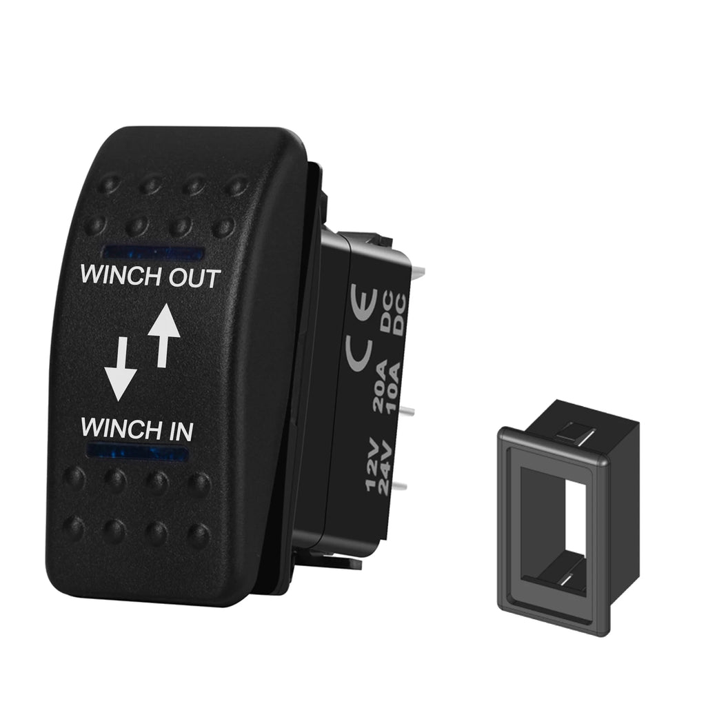 12V 20A Winch In Winch Out Switch DPDT Momentary (ON) OFF (ON) Rocker Switch 3 Position Blue Led Waterproof Reversing Switch