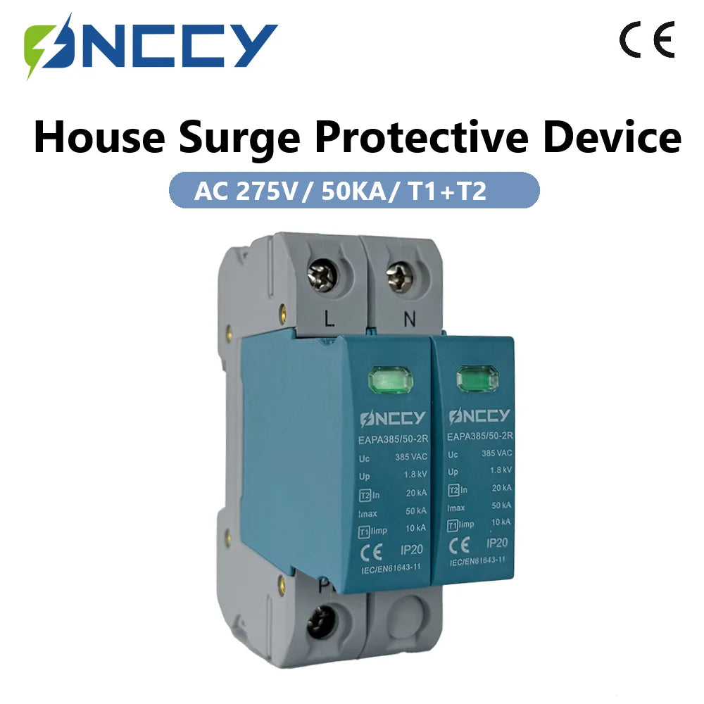 ONCCY 50KA AC SPD ,T1+T2 Class, 2P Surge Protector,AC 275V 230V 220V Din Rail House Surge Protector，Remote Signal Optional
