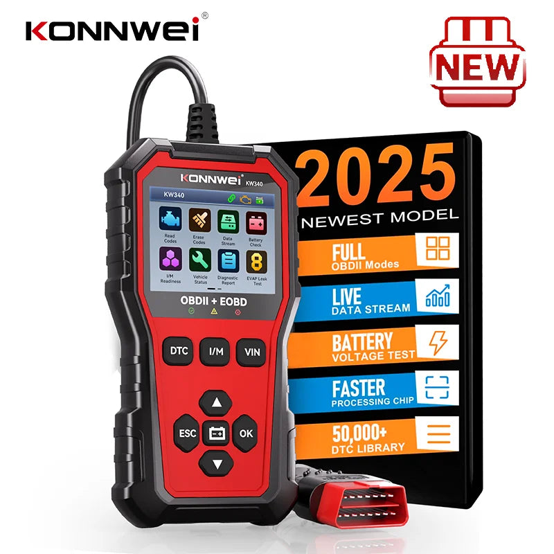 2026 KONNWEi KW340 Car CAN OBD2 EOBD Diagnostic Tool Engine Battery Test Read Fault Code Clear Real-Time Data O2 Inspection Tool