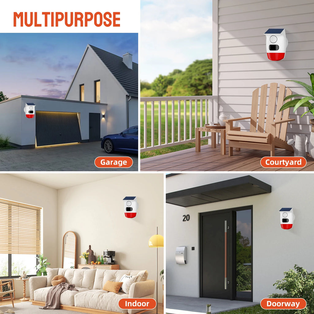 Outdoor Solar Alarm PIR Infrared Motion Sensor 120dB Siren Sound Light Flash Waterproof Security Protection for Yard