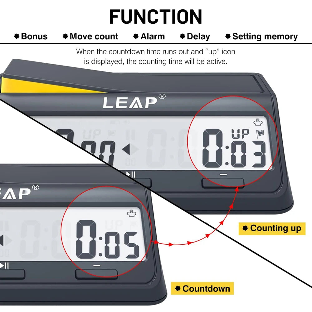 LEAP PQ9917 Chess Clock Digital Chess Timer for Board Game and Chess Timer with Bonus & Delay Count Down up Alarm Black/Orange