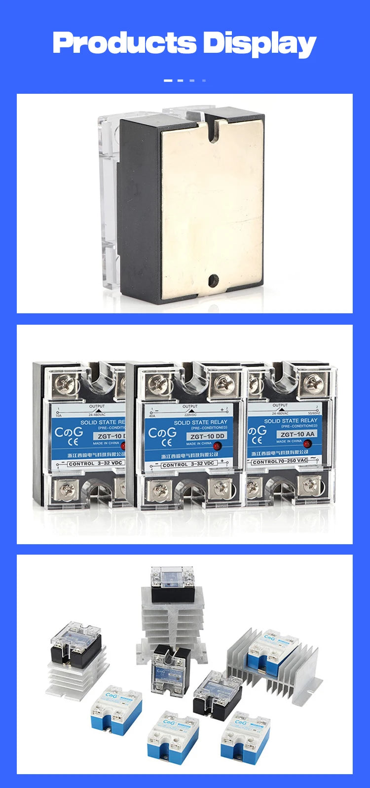 CG 1PCS Single-phase Solid State Relay Input 3-32VDC Output 24-480VAC DC to AC/DC to DC/AC to AC SSR 10/25/40A Module Relay