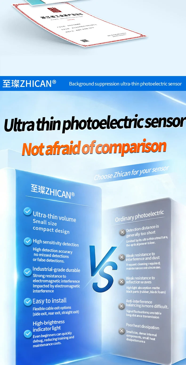 ZHICAN ZC3T Miniature Flat Photoelectric Sensor Front Side View Through Beam Diffuse Reflective