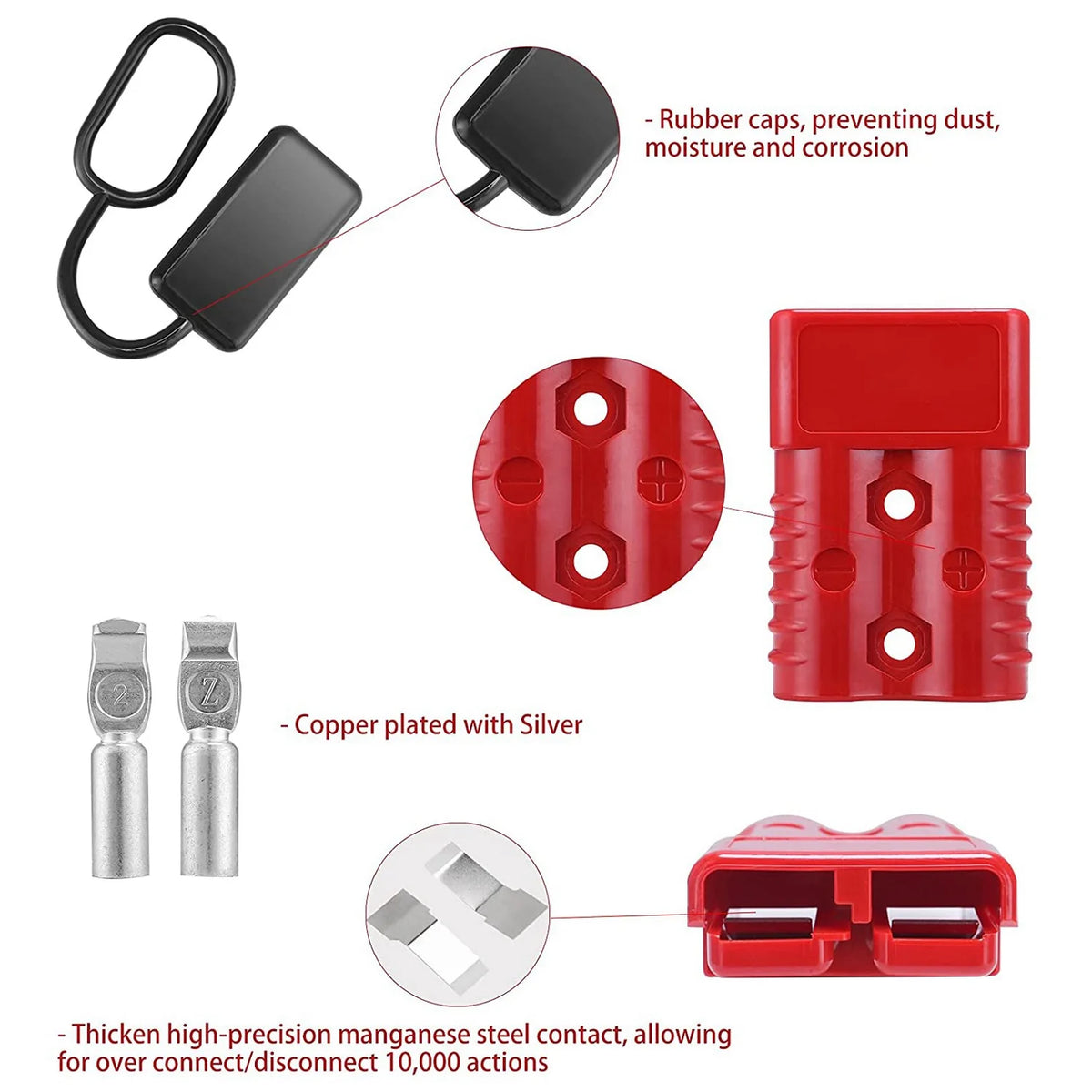 2Pcs 2-4 AWG 175A Battery Power Connector Cable Quick Connect Disconnect Kit For Anderson Connector For Winch Trailer Red