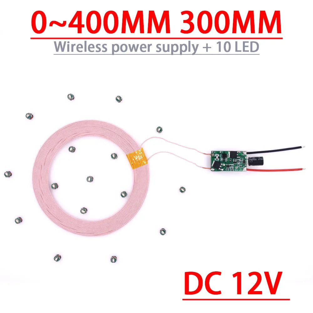 0~400mm 300mm DC Wireless Power Supply Transmitter Coil Charging Module Remote Charger 10pcs Led Receiver Light DIY Model Toys