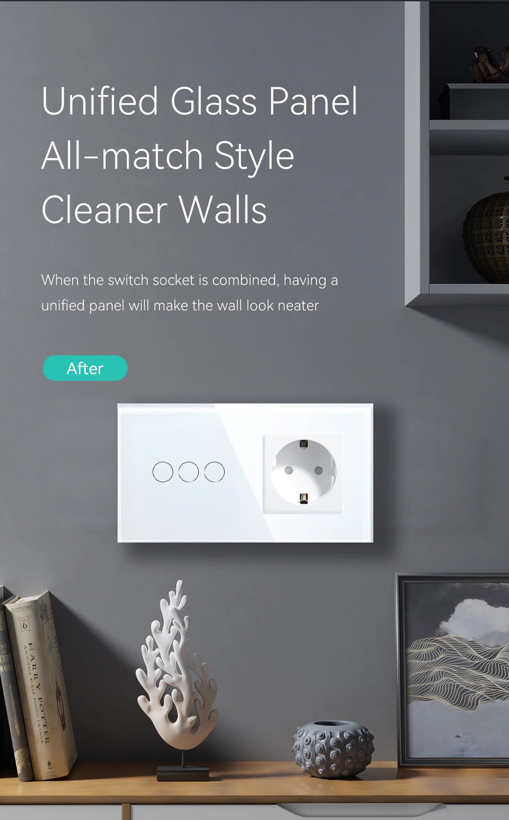 BSEED 1/2/3Gang Touch Light Switch 1Way Simple Sensor Switch Type-c USB Sockets EU Standard Glass Panel Blue Backlight 10A White