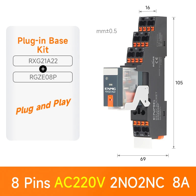 ENMG RXG Slim Power Relay 12A 24VDC/220VAC Coil, DIN Rail Mount Industrial Relay for PLC Control System
