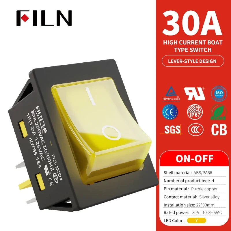 30A/250V Heavy Duty 4 Pin DPST IP67 Sealed Waterproof T85 Auto Boat Marine Toggle Rocker Switch with LED 12V 220V 30x22