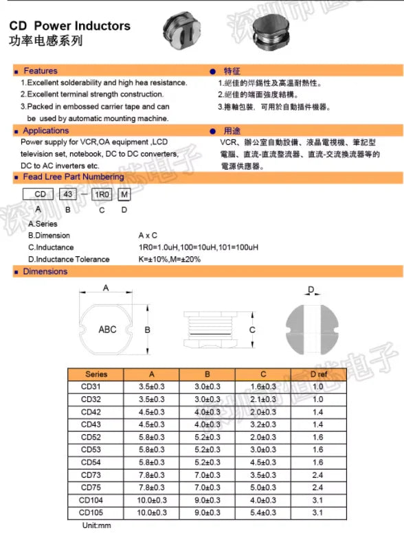15 Values CD54 SMD Power Inductor Assortment Kit 2.2UH~470UH  Chip Inductors High Quality CD54 Wire Wound Chip