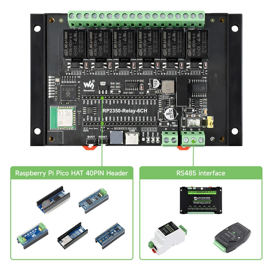 Raspberry Pi Pico 2 RP2350 industrial 6-ch Relay RS485 isolation protection Waveshare RP2350-Relay-6CH WIFI Option