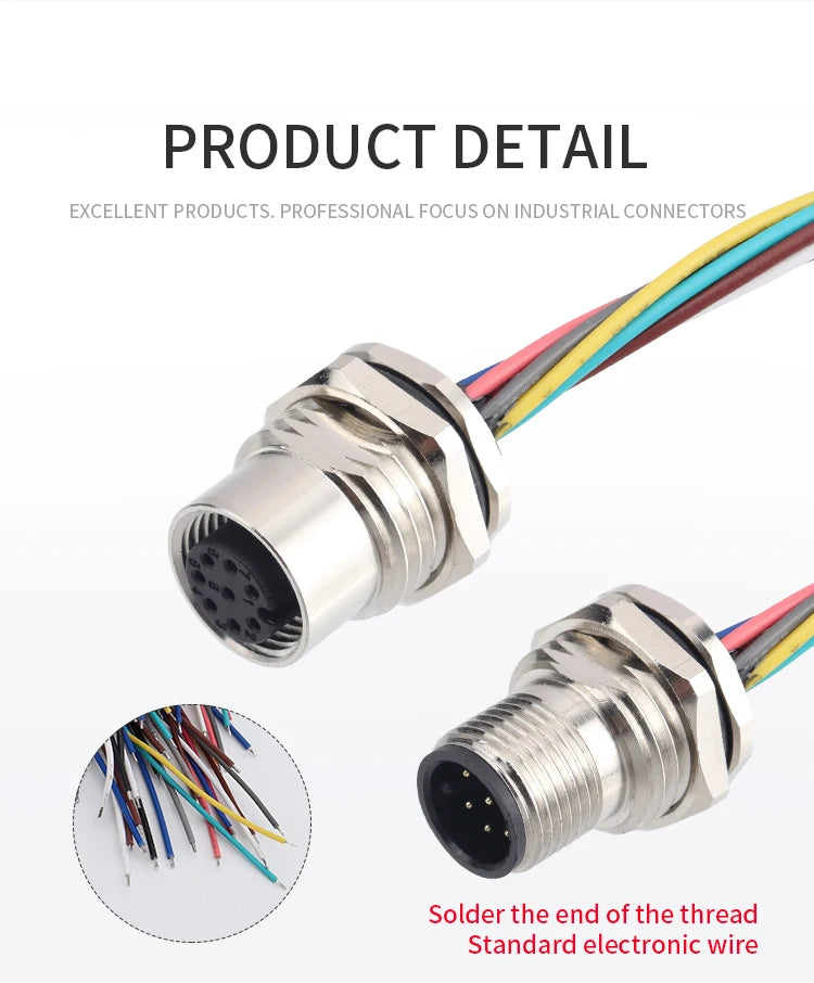 M12 Panel Male Female  Metal Front Mount Socket Solder 4 6 8 12 Pin Receptacle Straight Circular Connectors With 30cm Wires