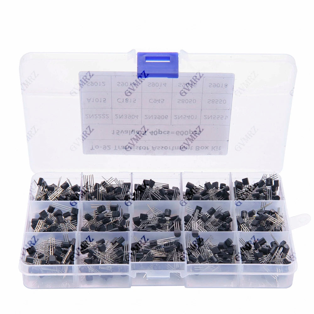 600PCS 15Value x 40Pcs Transistor TO-92 Assortment Box Kit Transistors 2N2222 2N3904 2N3906 Direct-plug triode box C945 S8050
